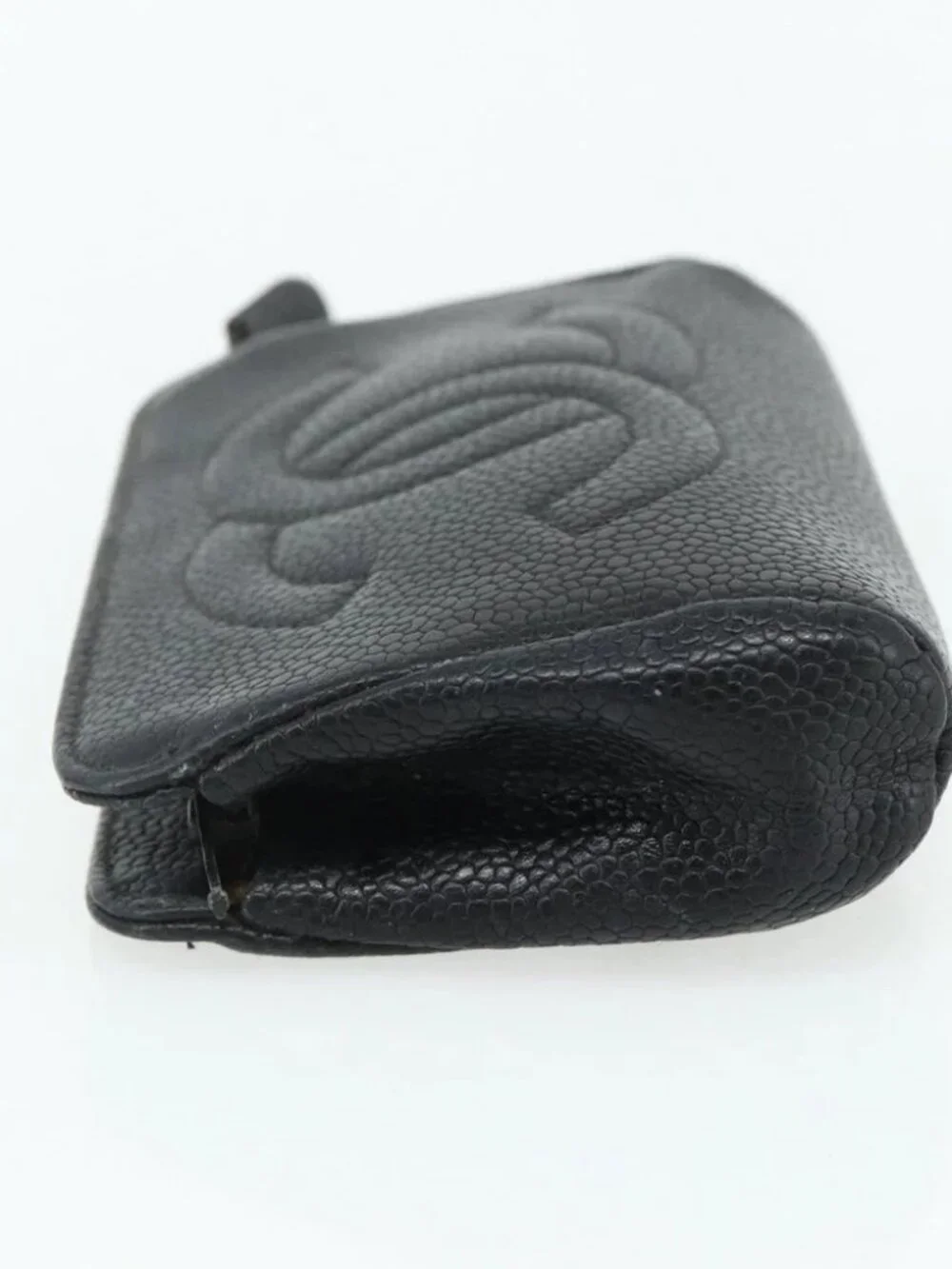 CHANEL Coin Purse Grained Calf Skin Black Gold CC Auth bs34754